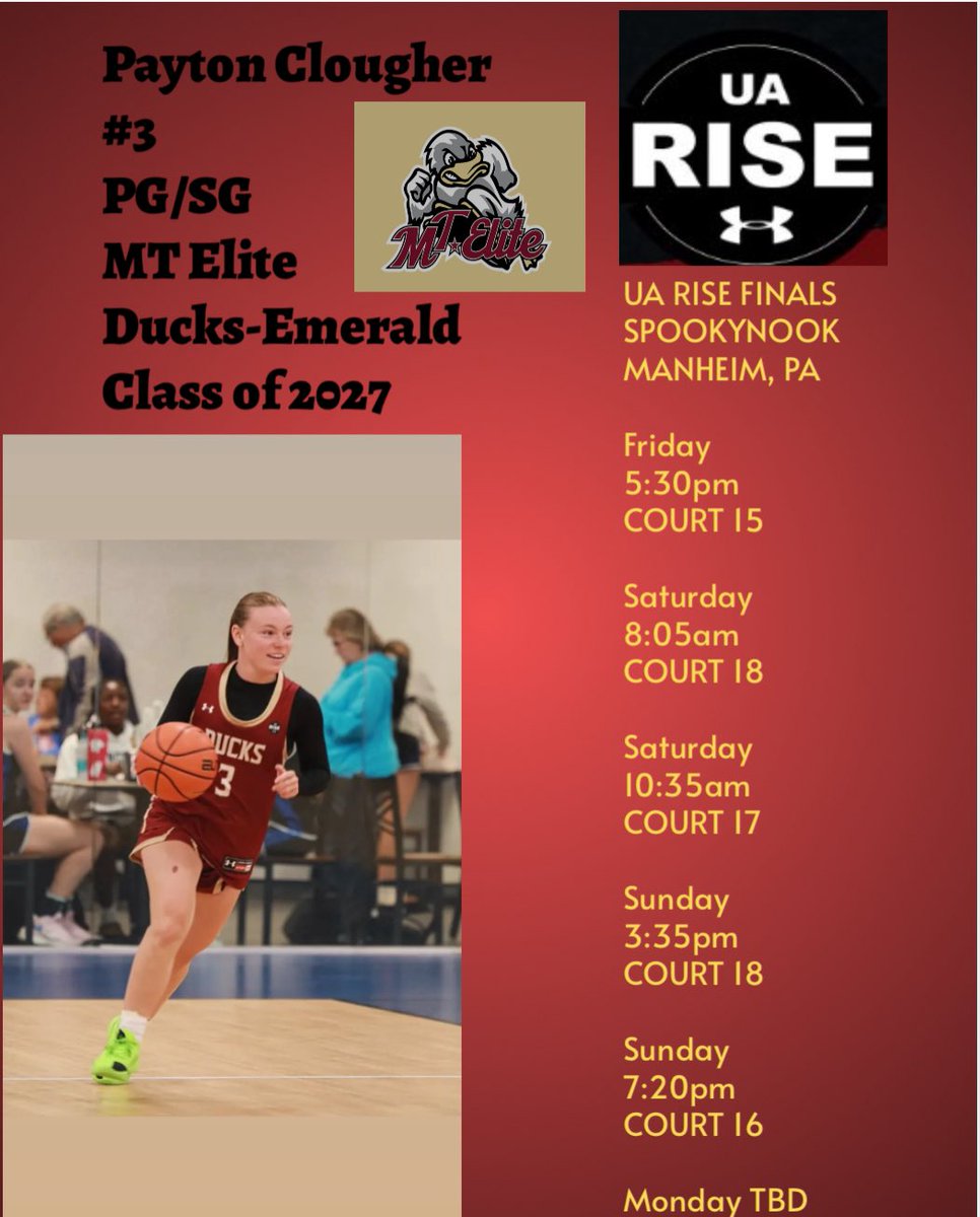 Payton Clougher (@paytonclougher_) on Twitter photo Excited to compete in the UA rise finals this weekend with <a href="/MTEliteDucks/">MT Elite Ducks</a> Emerald!
<a href="/mdell74/">Matt DellaBarba</a> <a href="/AllieScarpa/">Allie</a> Excited to compete in the UA rise finals this weekend with <a href="/MTEliteDucks/">MT Elite Ducks</a> Emerald!
<a href="/mdell74/">Matt DellaBarba</a> <a href="/AllieScarpa/">Allie</a>