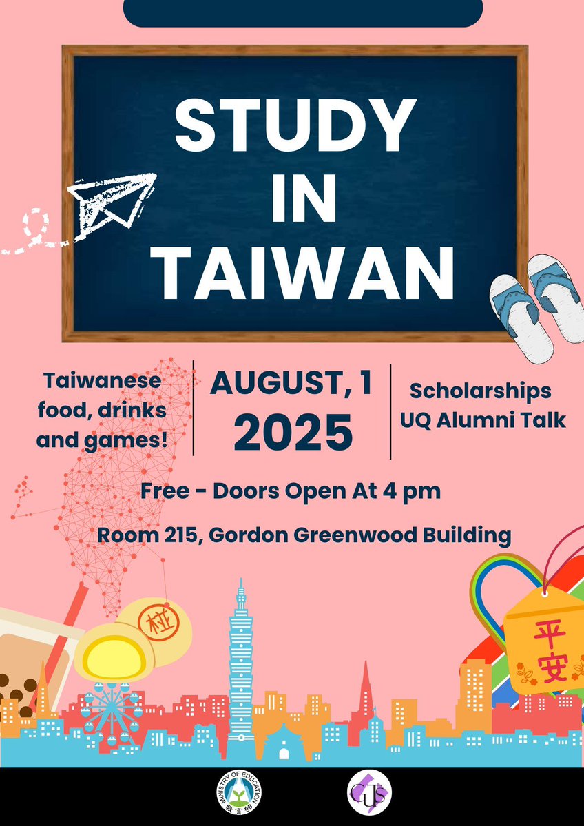 TaiwanAustralia's tweet image. Thinking about studying in Taiwan? Join our seminar at UQ on Aug 1, 4–5pm, Room 215, Gordon Greenwood Building. Learn about scholarships, language & culture programs, and hear from past students. Free Taiwanese food! Register: events.humanitix.com/study-in-taiwa…