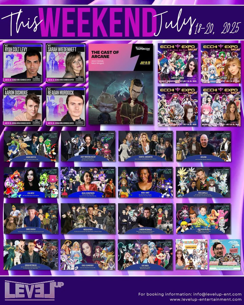 LevelUpVO's tweet image. Summer cons are heating up and our roster is 🔥 🔥 🔥! From Hartford to Miami to Dallas, here’s where to catch @LevelUpSignings clients this weekend. @ATL__CC @FandomEvents @ConnectiCon @FLSuperComics @dokidokon #SpinnyBrand