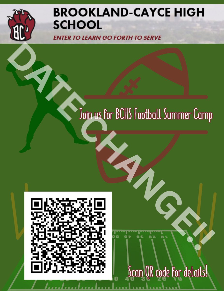 Bearcat Youth Football Camp

Date - July 23-24
Time - 8:30-11:30
Place - Brookland Cayce High

QR Code to register and pay
