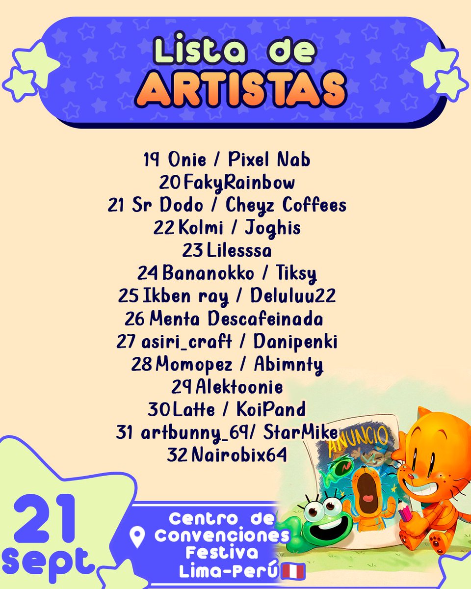 DogManFest's tweet image. LES PRESENTAMOS LA LISTA DE ARTISTAS DEL DOGMANFEST🇵🇪✨
Si deseas encontrarlos pasa a visitarnos👀

🗓️21 de Septiembre.
📍 Centro de Convenciones Festiva, Lima, Perú.

Aquí la lista según el número de mesa que tendrán‼️

#dogmanfest #dogman #dogmanfanart