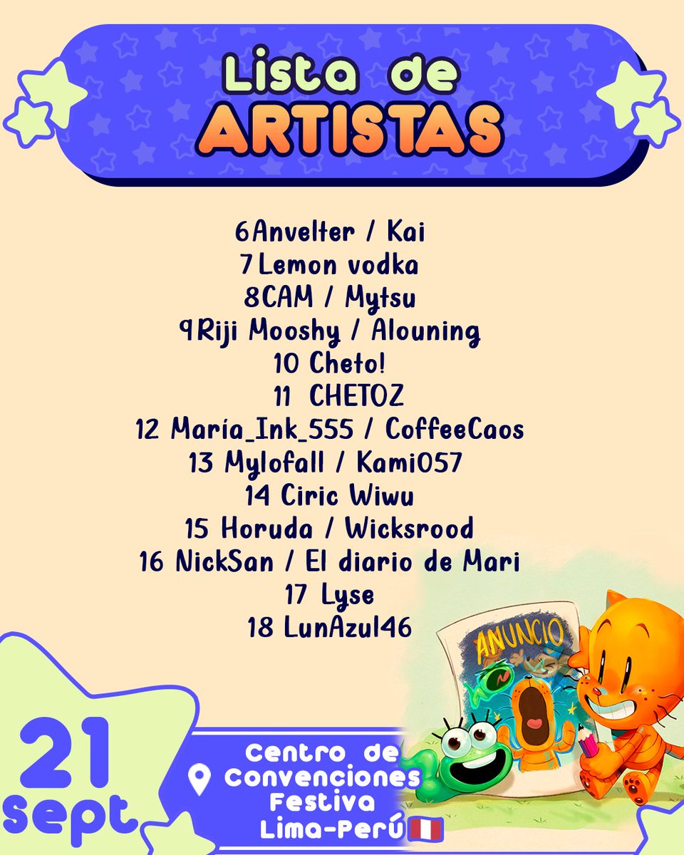 DogManFest's tweet image. LES PRESENTAMOS LA LISTA DE ARTISTAS DEL DOGMANFEST🇵🇪✨
Si deseas encontrarlos pasa a visitarnos👀

🗓️21 de Septiembre.
📍 Centro de Convenciones Festiva, Lima, Perú.

Aquí la lista según el número de mesa que tendrán‼️

#dogmanfest #dogman #dogmanfanart