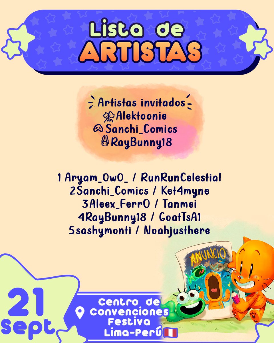 DogManFest's tweet image. LES PRESENTAMOS LA LISTA DE ARTISTAS DEL DOGMANFEST🇵🇪✨
Si deseas encontrarlos pasa a visitarnos👀

🗓️21 de Septiembre.
📍 Centro de Convenciones Festiva, Lima, Perú.

Aquí la lista según el número de mesa que tendrán‼️

#dogmanfest #dogman #dogmanfanart