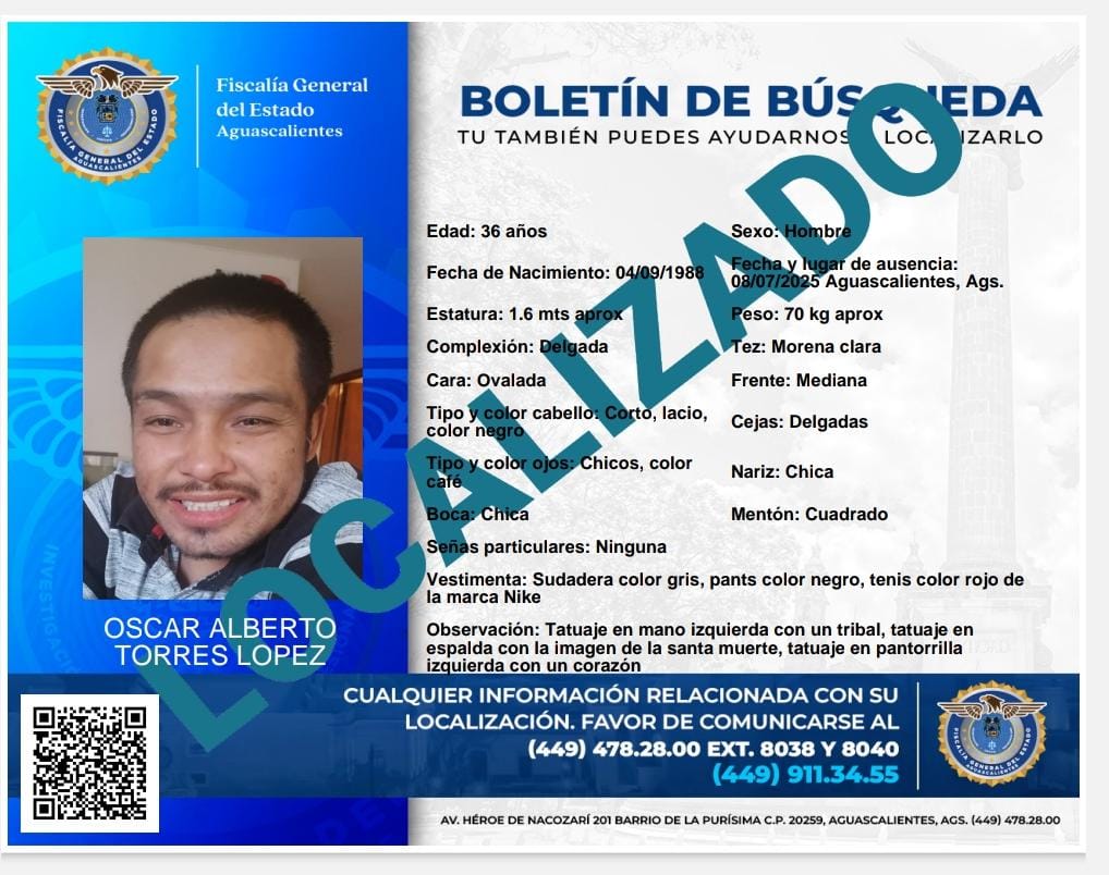 FEMDLPAGS's tweet photo. Se informa a la ciudadanía, que OSCAR ALBERTO TORRES LOPEZ  ha sido localizado ¡Gracias por su colaboración! #BoletindeBusqueda #Desaparecidos #Porunafiscaliamasjustayhumana #Aguascalientes https://t.co/edcZXazoSN