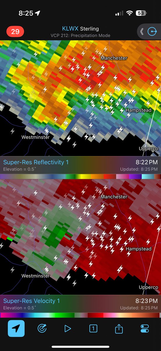 ryankanerWX's tweet image. Definitely a rotating supercell northeast of Westminster with a potential tornado near the ground!! No warning yet but very ominous storm. #MdWx