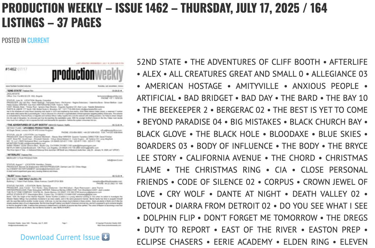 prodweek's tweet image. Production Weekly - Issue 1462 - Thursday, July 17, 2025 / 164 Listings - 37 Pages

Download Current Issue ⬇️

productionweekly.com/production-wee…