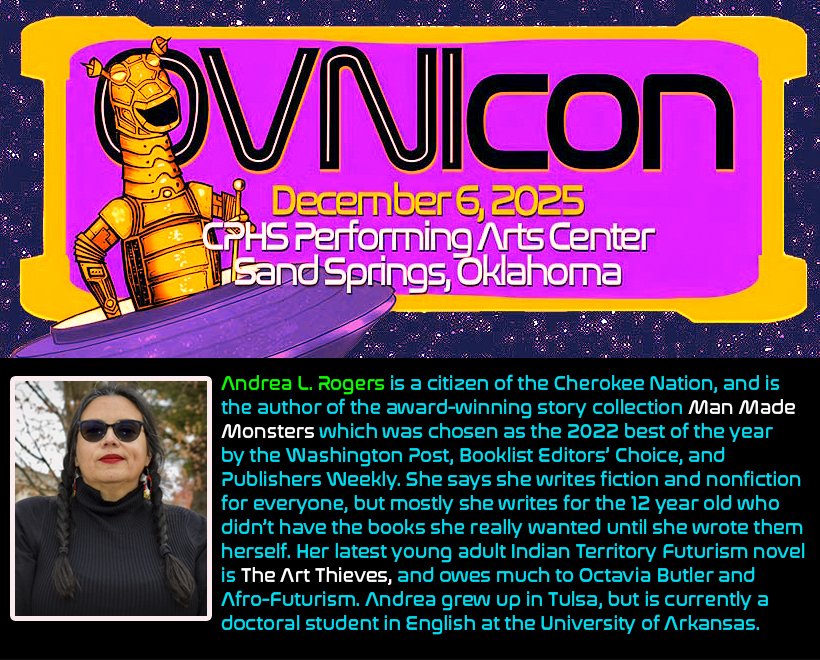 nealiios's tweet image. GUEST ANNOUNCEMENT: Author Andrea L. Rogers will be joining us to talk about her books Man Made Monsters, The Art Thieves, and the role her Cherokee heritage plays in the creation of her captivating, award-winning stories. #scifi #horror #CherokeeNation #indigenousfuturism