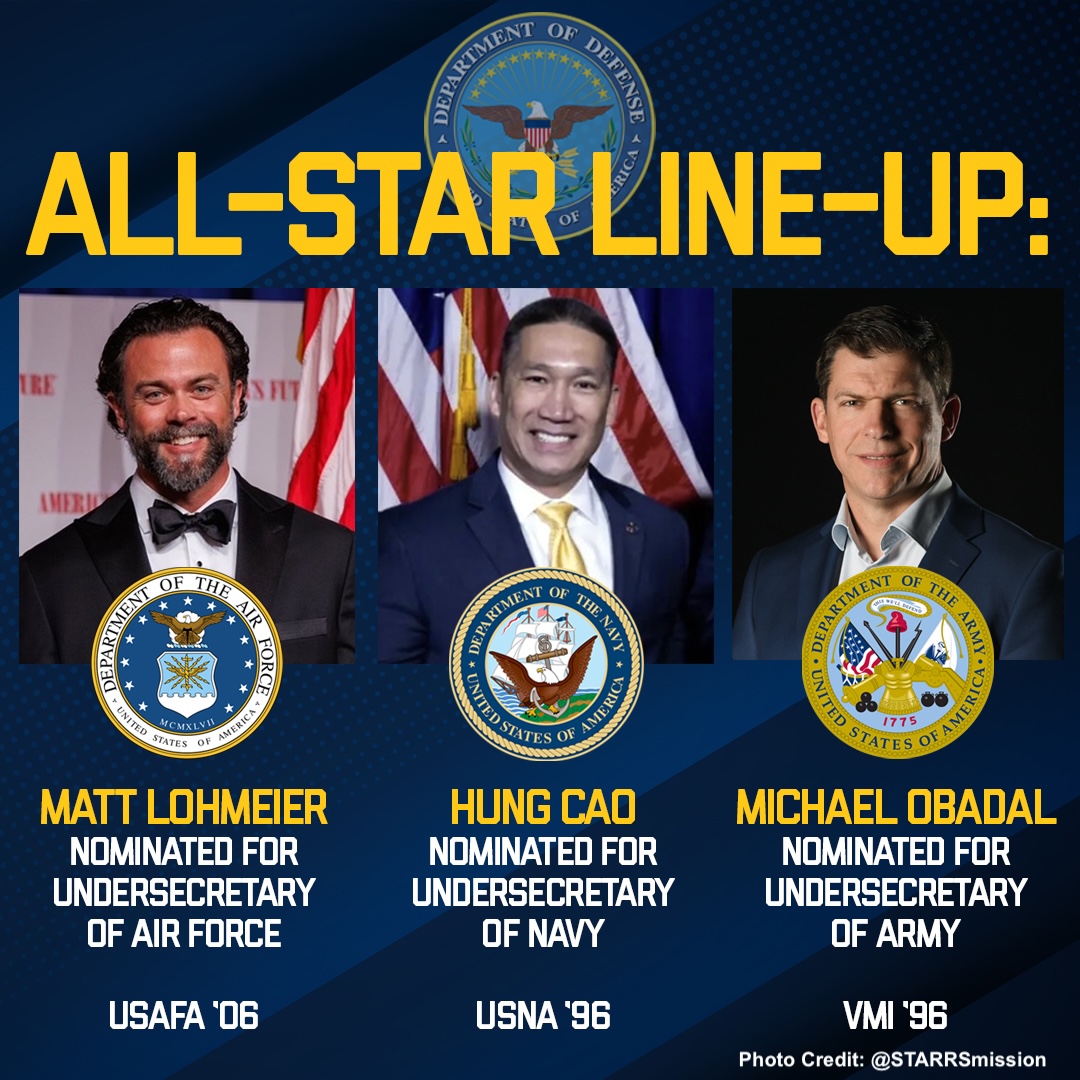 VeteranAction's tweet image. President Trump has nominated outstanding individuals as Under Secretaries of the Air Force (@matthewlohmeier), Navy (@HungCao_VA), and Army (Michael Obadal).
They deserve swift confirmation.
Photo credit: @STARRSmission