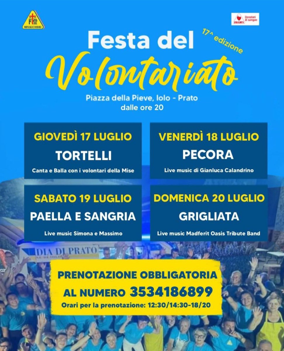 Festa del Volontariato 2025, vi aspettiamo!
dal 17 al 20 luglio in piazza della pieve a Iolo!

#fdv2025 #festadelvolontariato