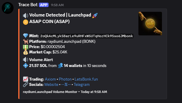 TraceTools_SOL's tweet photo. Trace Tools has added a Bundle Monitor as well as a volume monitor. Both monitor launchpads as well as migrated. https://t.co/pculTofZ7d