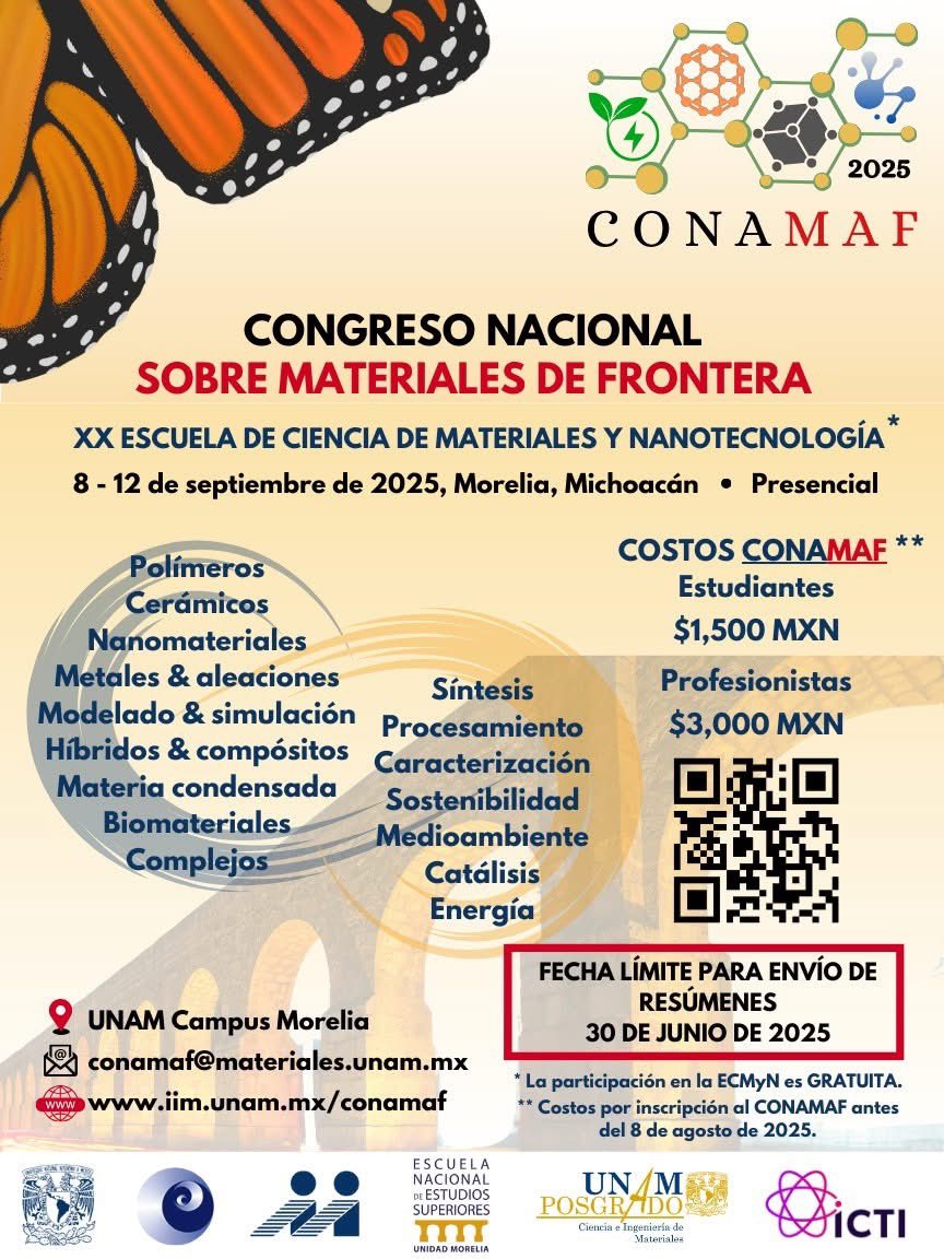 🧪¿Te apasionan la investigación en materiales y la nanotecnología?

➡️Regístrate antes del 8 de agosto, en el Congreso Nacional sobre Materiales de Frontera y la XX Escuela de Ciencia de Materiales y Nanotecnología.

Información👇
 iim.unam.mx/conamaf/