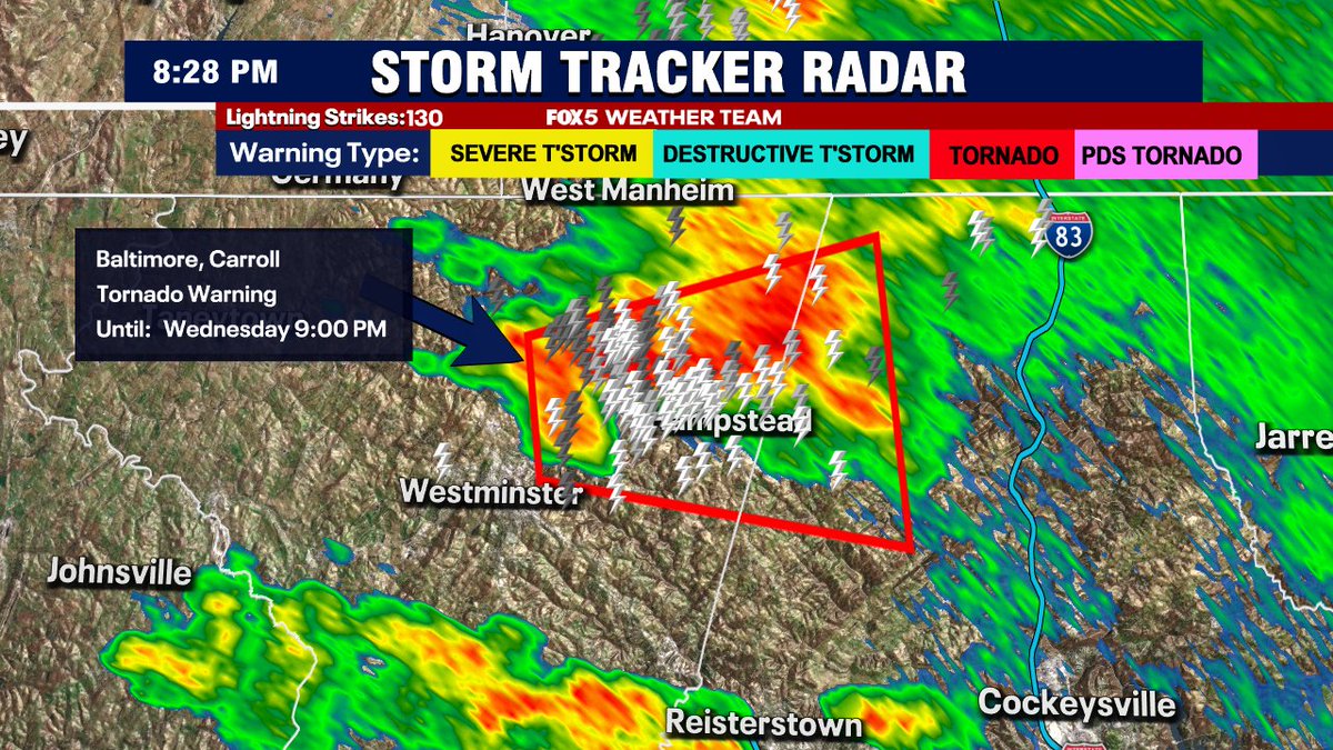 MikeTFox5's tweet image. New Tornado Warning up for northern Carroll County in northern Maryland for radar detected rotation. Folks up that way be safe and seek shelter until this storm has passed.