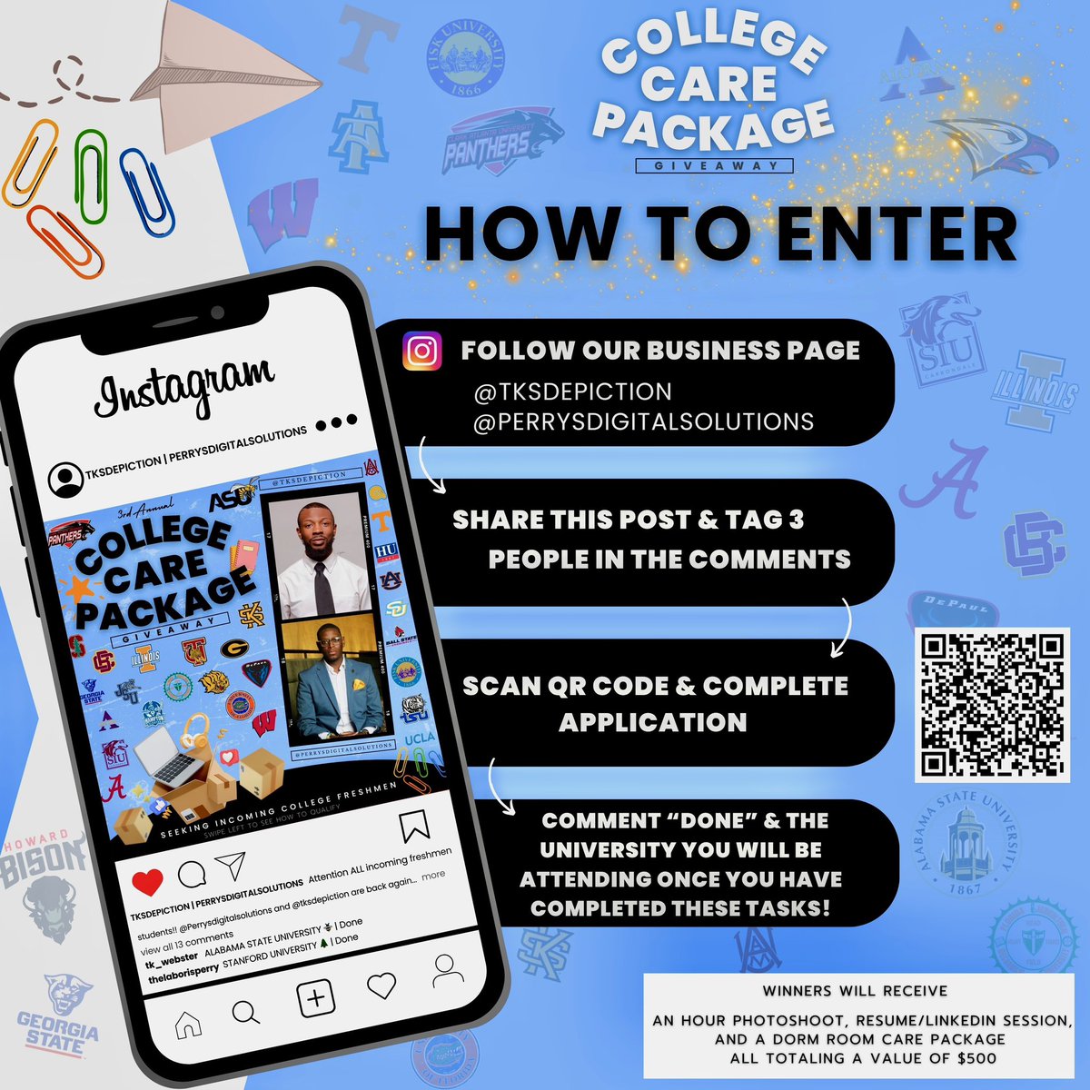 📣 Attention incoming college freshmen! TK’s Depiction, LLC &amp; Perry’s Digital Solutions, LLC are giving away care packages worth $500 — incl. a photoshoot, resume/LinkedIn help &amp; dorm essentials! Apply by 8/1. Link in bio. DM us w/ questions! 🎓✨