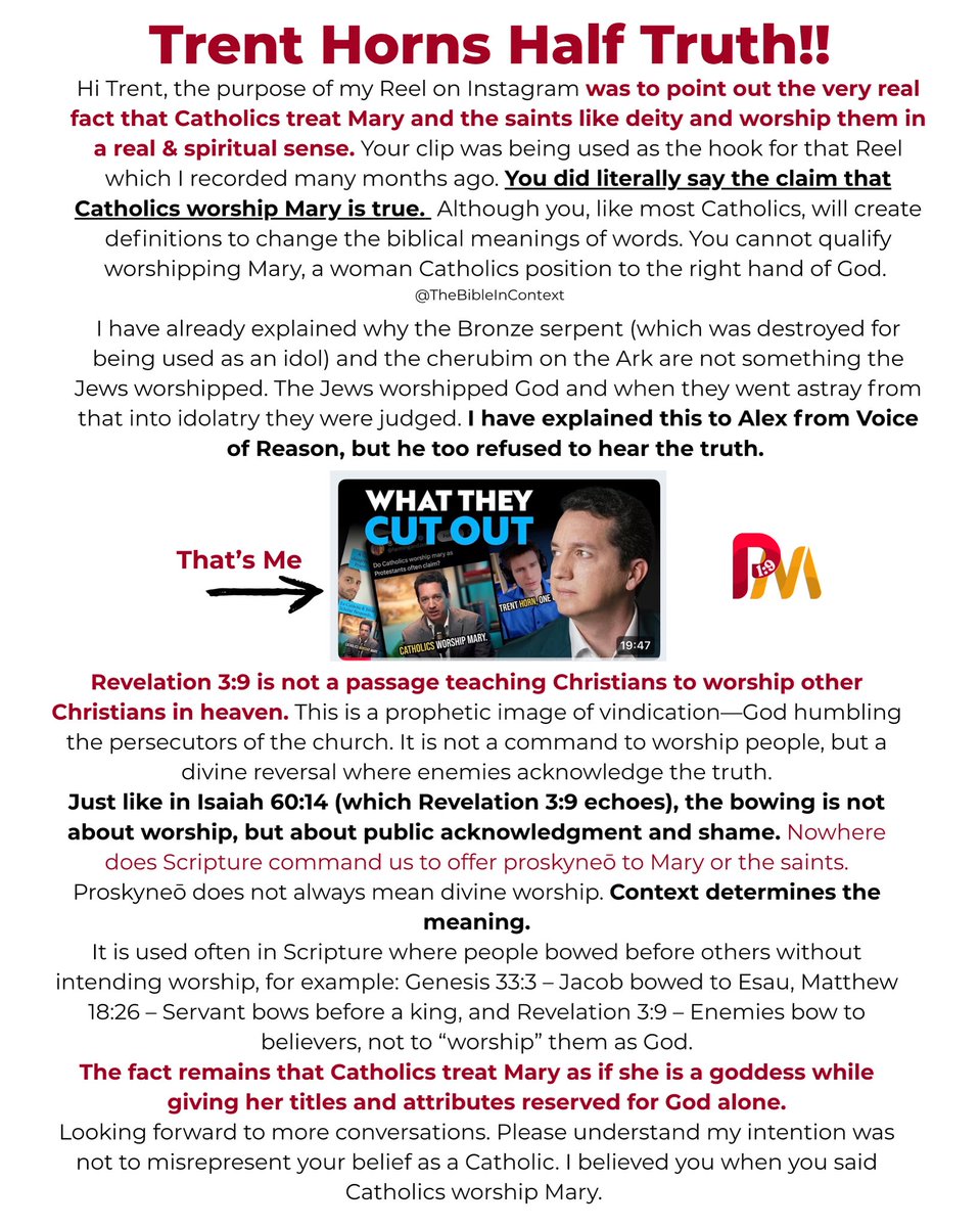 Trent Horn, a Catholic apologist says that I and other protestants took his statement about Catholics worshiping Mary out of context.

Is this true or is he just doubling back?

The defenses he makes are the classic cookie cutter defenses that have already been refuted Biblically