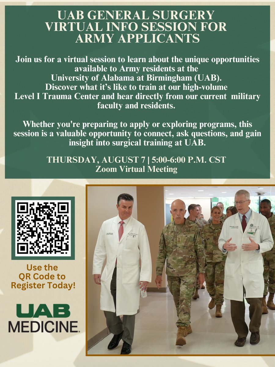 Join us for a virtual event highlighting the opportunities available at UAB’s General Surgery Residency on Aug. 7, 2025, from 5-6 p.m.

Learn about training at UAB's high-volume Level I Trauma Center and unique military-civilian partnerships.

📱Register: bit.ly/3GFAjDm.
