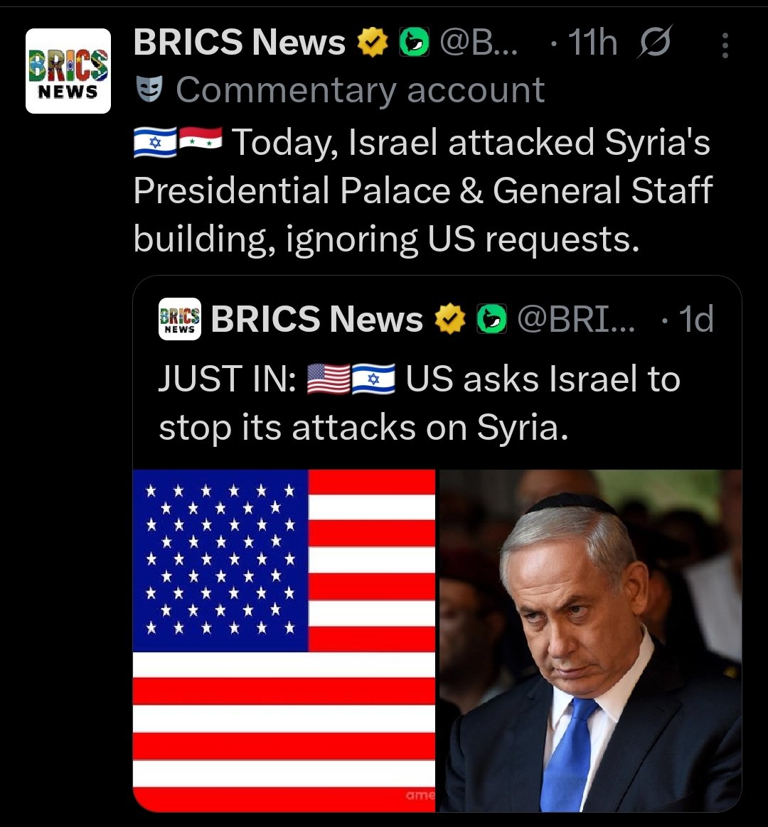 US_Defector's tweet image. Yeah, funny that that every time Thr US "asks Israel to stop bombing something", Israel immediately goes and bombs it, then the US invariably announces another billionaire package of bombs for Israel. And I was told humanity's evolutionary trait is recognizing patterns...