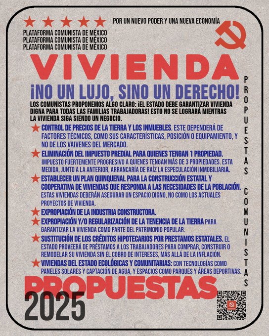 PlataformaPCM's tweet image. La lucha por la vivienda es una lucha de clases.
La forma de lucharla: organizándote junto a tu clase social.
Afíliate AHORA  la Plataforma Comunista de México y combate al sistema que quiere administrar la explotación.
#PropuestasPCM