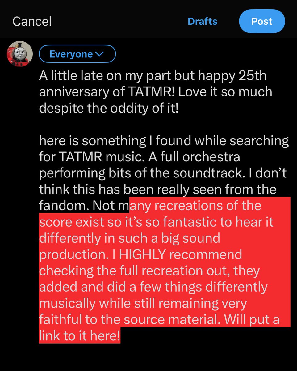 tomasdaspoon's tweet image. Little late but happy 25th anniversary to TATMR‼️❤️❤️
TLDR: Wanted to share this, I found a vid of whole orchestra recreating bits of the soundtrack. Don’t think this has been seen much it’s very interesting/cool I urge y’all listen esp if you love TATMR
youtu.be/SETSjN2ywb8?si…