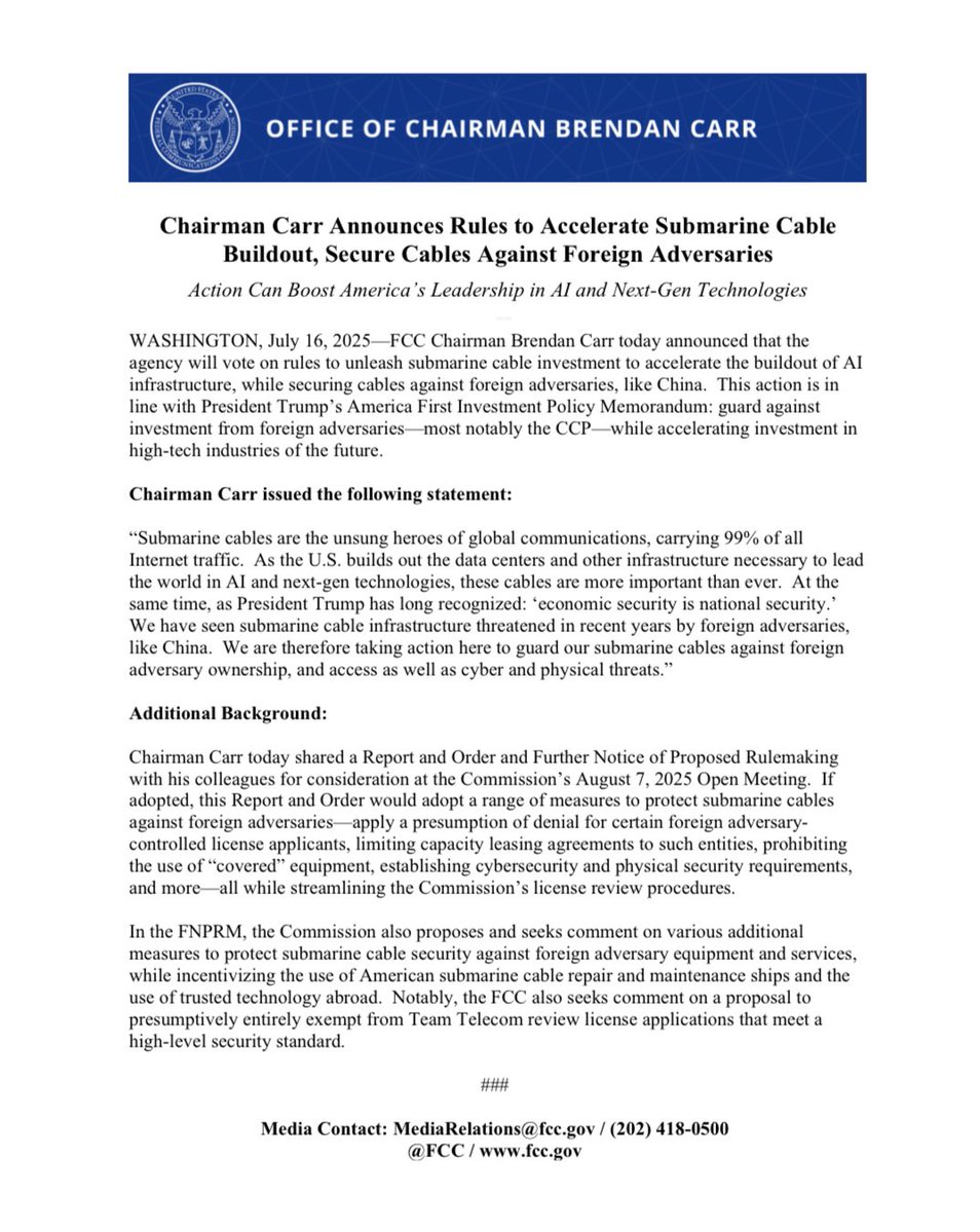 BrendanCarrFCC's tweet image. Undersea cables are the unsung heroes of global communications, carrying 99% of Internet traffic.
As the U.S. builds the data centers and other infrastructure necessary to lead the world in AI and next-gen technologies, these cables are more important than ever.
That’s why the…