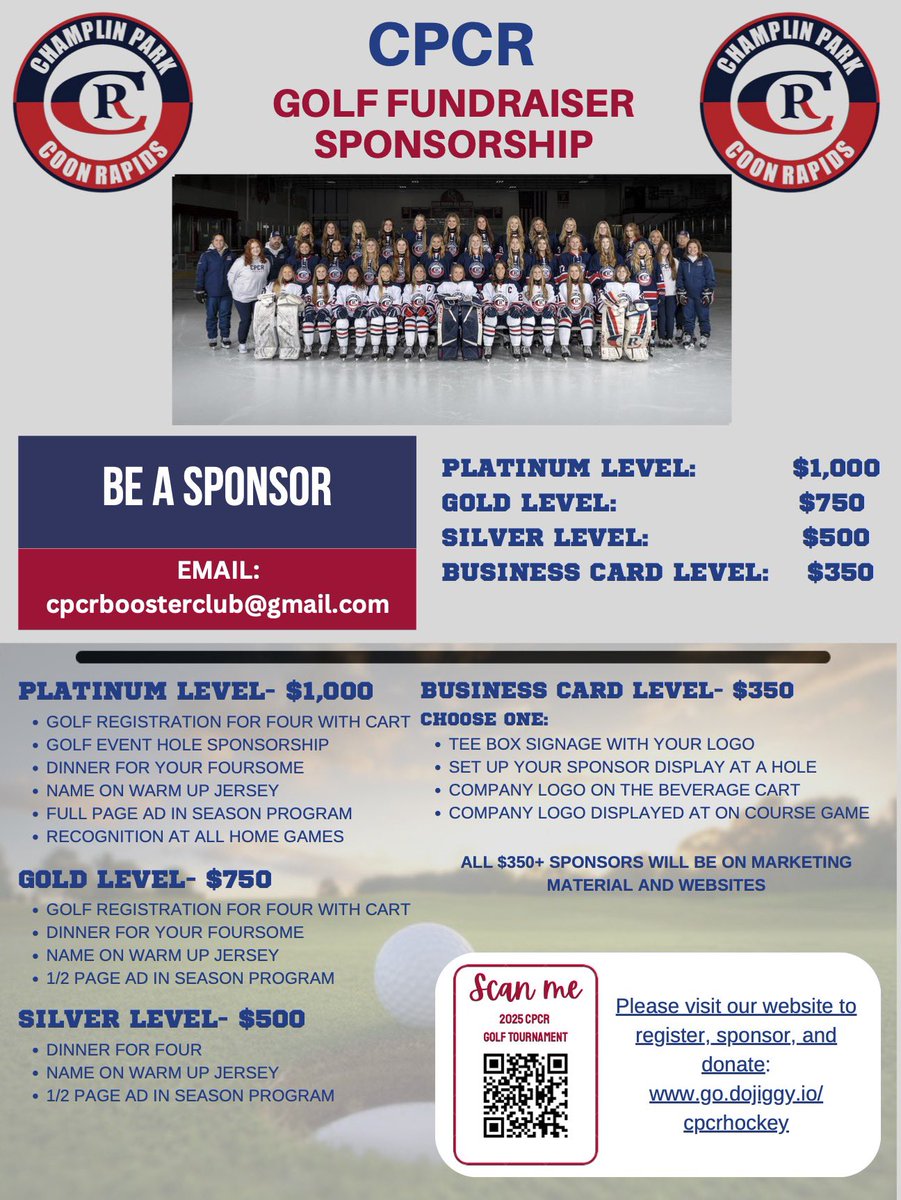Come out to support the Champlin Park and Coon Rapids girls high school hockey program September 27! 
Register a foursome or sponsorship here: 
go.dojiggy.io/b5736b/Campaig…