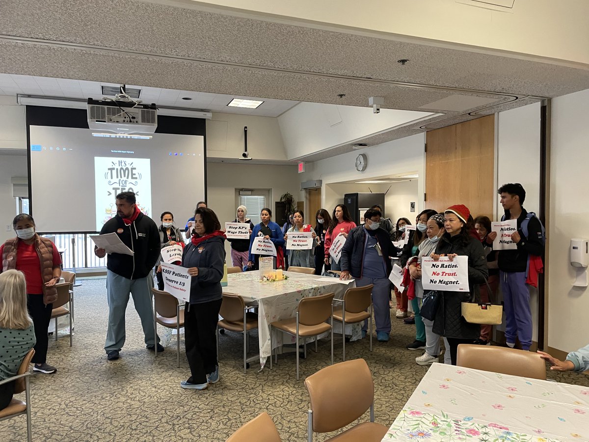 CalNurses's tweet image. Out of touch Kaiser administrators want to chase 'Magnet Status' certification while laying off workers.
South San Francisco and Sacramento nurses are saying ENOUGH IS ENOUGH! Stop the layoffs, patients deserve better!