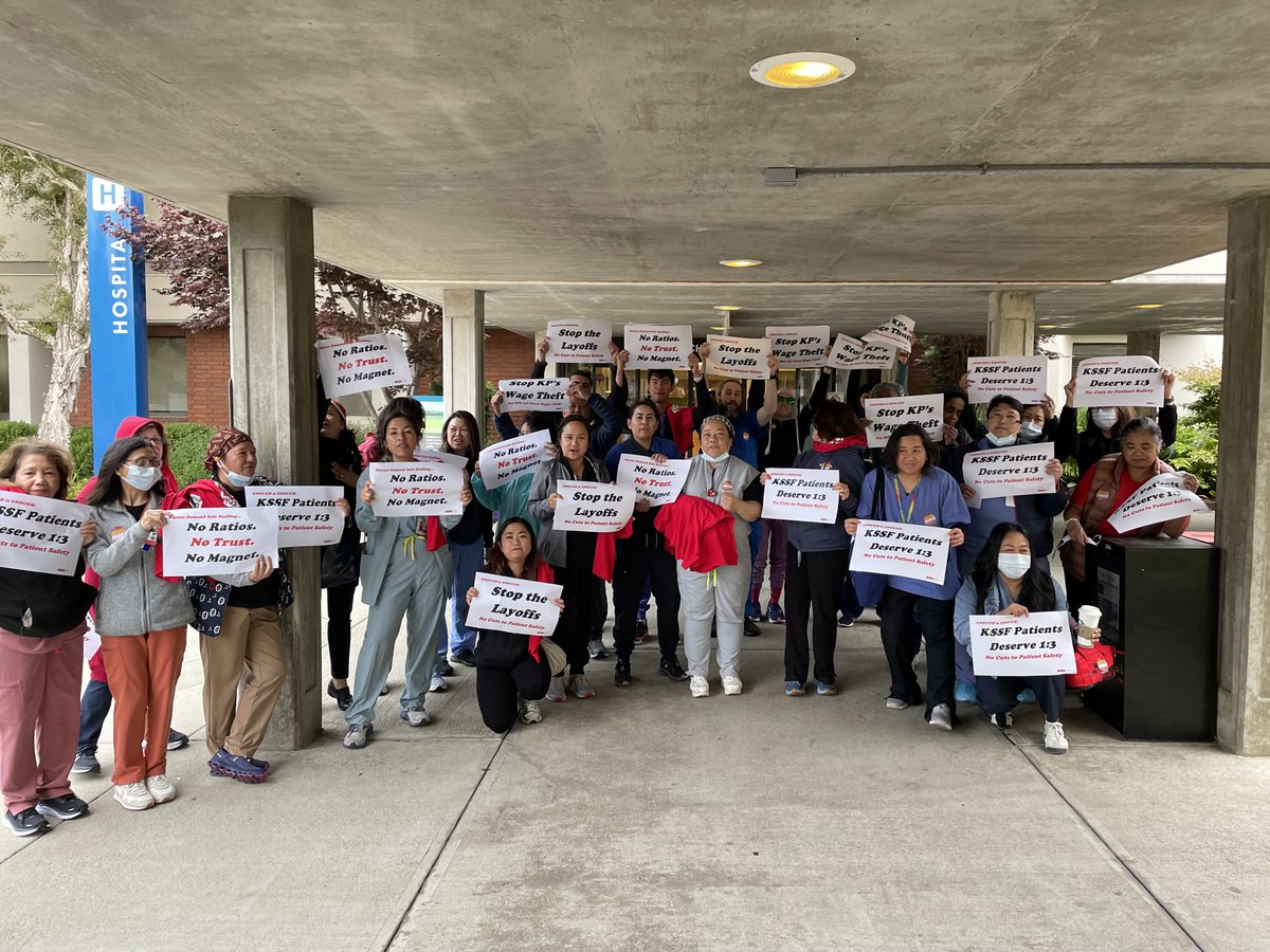 CalNurses's tweet image. Out of touch Kaiser administrators want to chase 'Magnet Status' certification while laying off workers.
South San Francisco and Sacramento nurses are saying ENOUGH IS ENOUGH! Stop the layoffs, patients deserve better!