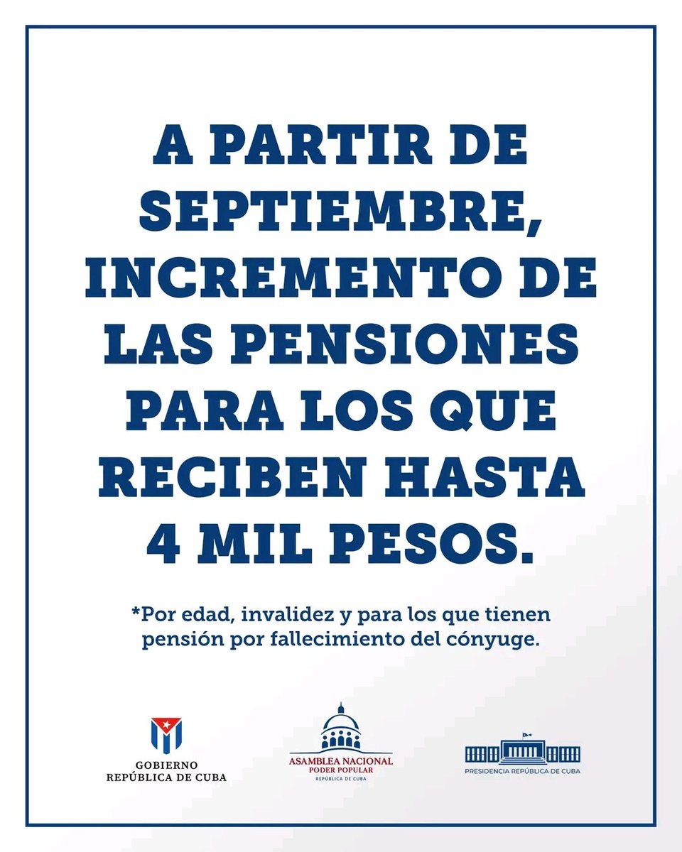 A partir de septiembre,se incrementan las pensiones para las personas que reciben hasta 4 mil pesos, por edad,invalidez y para los que tienen pensión unificada por causa del fallecimiento del cónyuge,según informó el primer ministro <a href="/MMarreroCruz/">Manuel Marrero Cruz</a>, en la Asamblea Nacional.