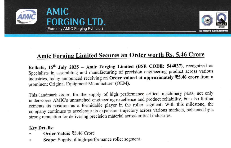 aoiventures's tweet image. 🛠️ Amic Forging bags ₹5.46 Cr order from Mitsubishi JV OEM

👉🏻 Order for supply of high-performance roller segment
👉🏻 Strengthens position in precision engineering &amp;amp; roller segment
👉🏻 Company serves steel, oil &amp;amp; gas, power, mining &amp;amp; more
#Amic #AmicForging #OrderWin…