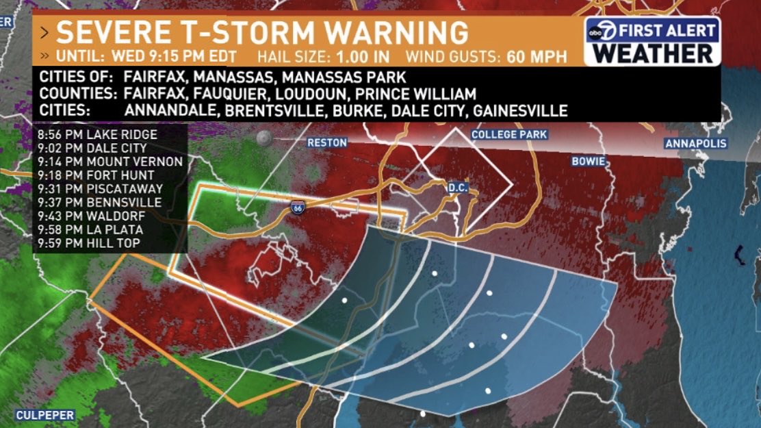 jordanevanswx's tweet image. Storms with gusty winds up to 60 mph, lightning and heavy rain are racing eastward just south of DC. Broad rotation is being seen too, stay indoors until storms pass and be prepared to move to an interior room on the lowest level if they go tornado warned. @7NewsDC