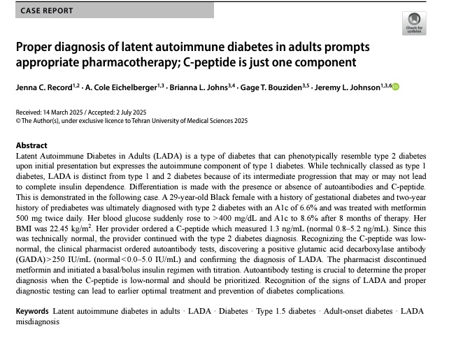 🔰El diagnóstico adecuado de LADA en adultos motiva una farmacoterapia apropiada; el péptido C es solo un componente. 

✅La LADA suele diagnosticarse erróneamente al principio y es más prevalente de lo que muchos profesionales de la salud creen. 
✅El cuadro clínico mixto que se