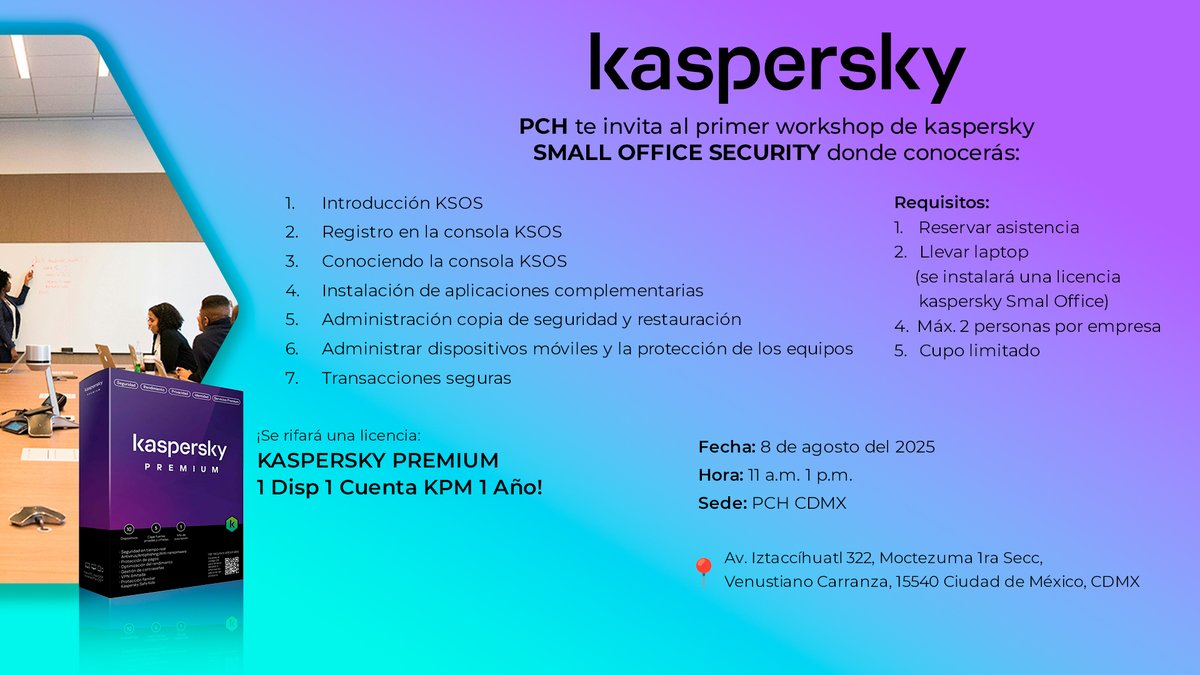 PCH_Connect's tweet image. ¡Te invitamos al workshop @KasperskyLatino con @PCH_Connect!
💡Conoce cómo llevar tu seguridad al siguiente nivel con soluciones reales y prácticas.
📅 Regístrate y prepárate para protegerte mejor⬇️
eventbrite.com/e/workshop-kas…
#CiberseguridadKaspersky #PCHConnect #TICSeguras