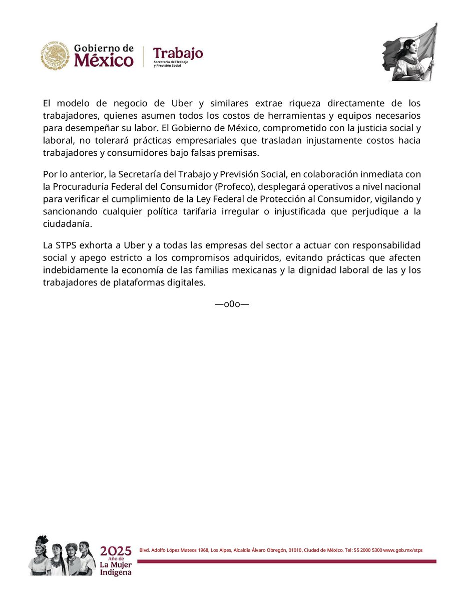 Secretaría del Trabajo y Previsión Social rechaza alza tarifaria de Uber; es una decisión unilateral, injustificada y contraria a los compromisos asumidos.