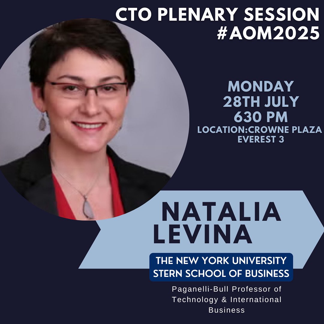 🎤 Join us at the CTO Division Plenary Session at #AOM2025 in Copenhagen!

We are thrilled to welcome Prof. Natalia Levina as the Keynote Speaker.

🗓 Date: Monday, July 28, 2025
🕡 Time: 18:30 – 19:30 CEST (GMT+2)
📍 Location: Crowne Plaza, Everest 3

linkedin.com/posts/aom-cto-…