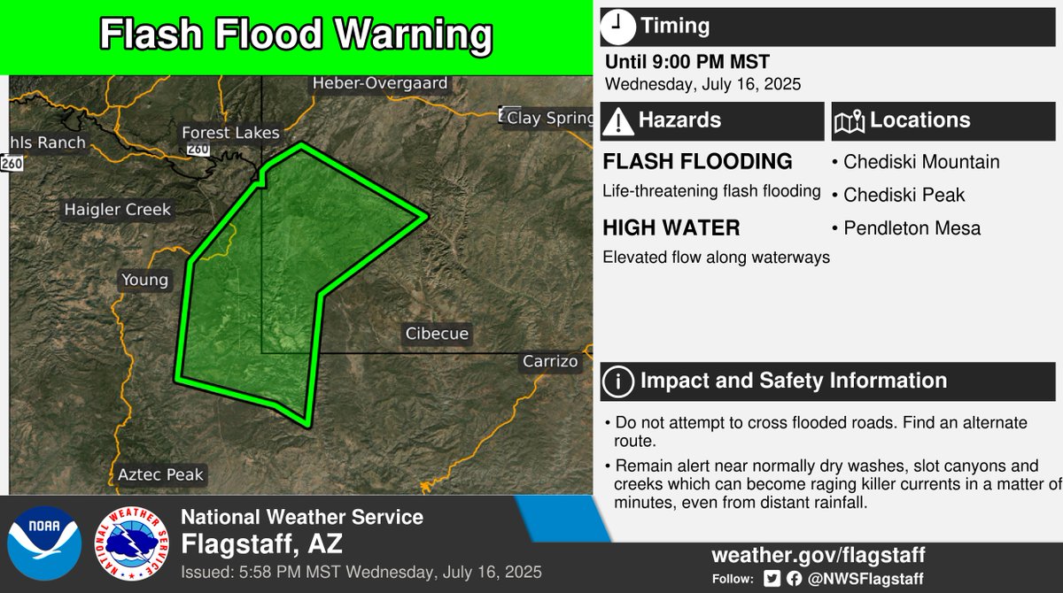 NWSFlagstaff's tweet image. ⚠️ Flash Flood Warning ⚠️ in effect until 9:00 PM MST for portions of the Canyon Creek east of Young.
This includes Chediski Mountain, Chediski Peak, and Pendleton Mesa. More info: weather.gov/fgz/wwa?wfo=KF…. #azwx