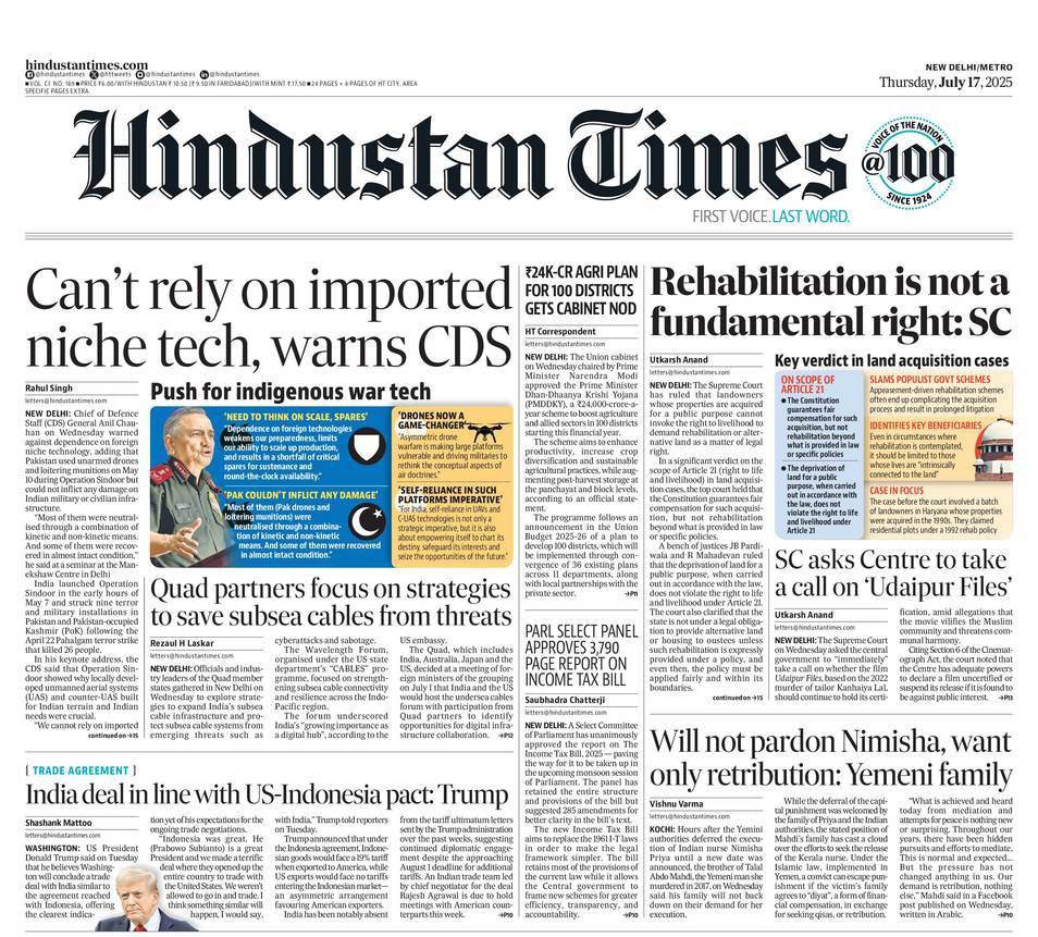 HindustanTimes's tweet image. ▶ Can't rely on imported niche tech, warns CDS
▶ Rehabilitation is not a fundamental right: SC
Read more in today's Hindustan Times print edition: epaper.hindustantimes.com
Subscribe bit.ly/2QAOH22