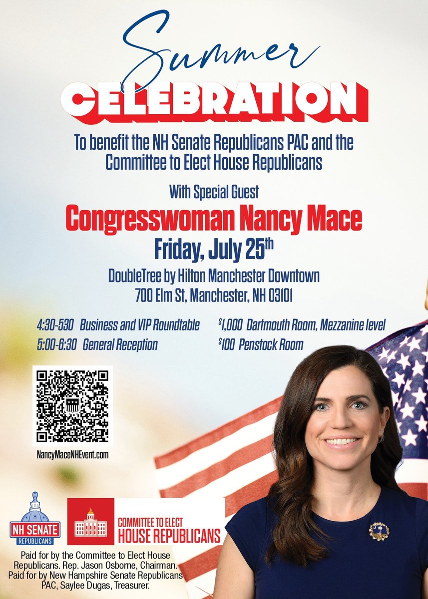 CTEHR's tweet image. Rep. @NancyMace is joining us and @NHSenateGOP for a Summer Celebration next Friday in Manchester!
Get your tickets now: NancyMaceNHEvent.com