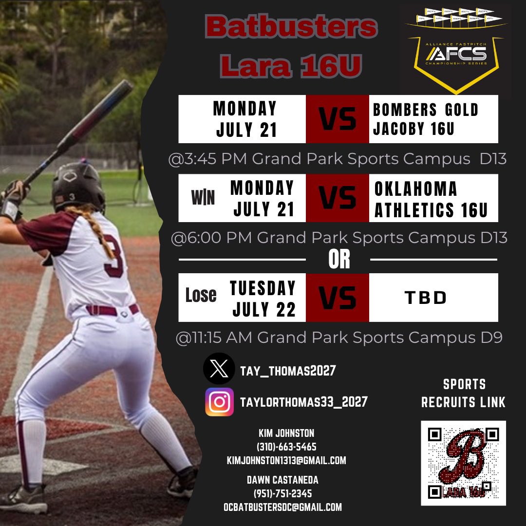 Last tournament of the summer. Come check us out or watch on AGL!  Let’s finish strong! <a href="/OcbatbustersL/">OCBatbustersLegacyLara</a> <a href="/Lifesapitch13/">Kim Johnston</a> <a href="/CoachArreola/">Eric Arreola</a> <a href="/DirectRecruits/">Direct Recruits</a> <a href="/CoastRecruits/">Coast 2 Coast Recruits</a> <a href="/CoastRecruitsSB/">Coast Recruits 🥎</a>