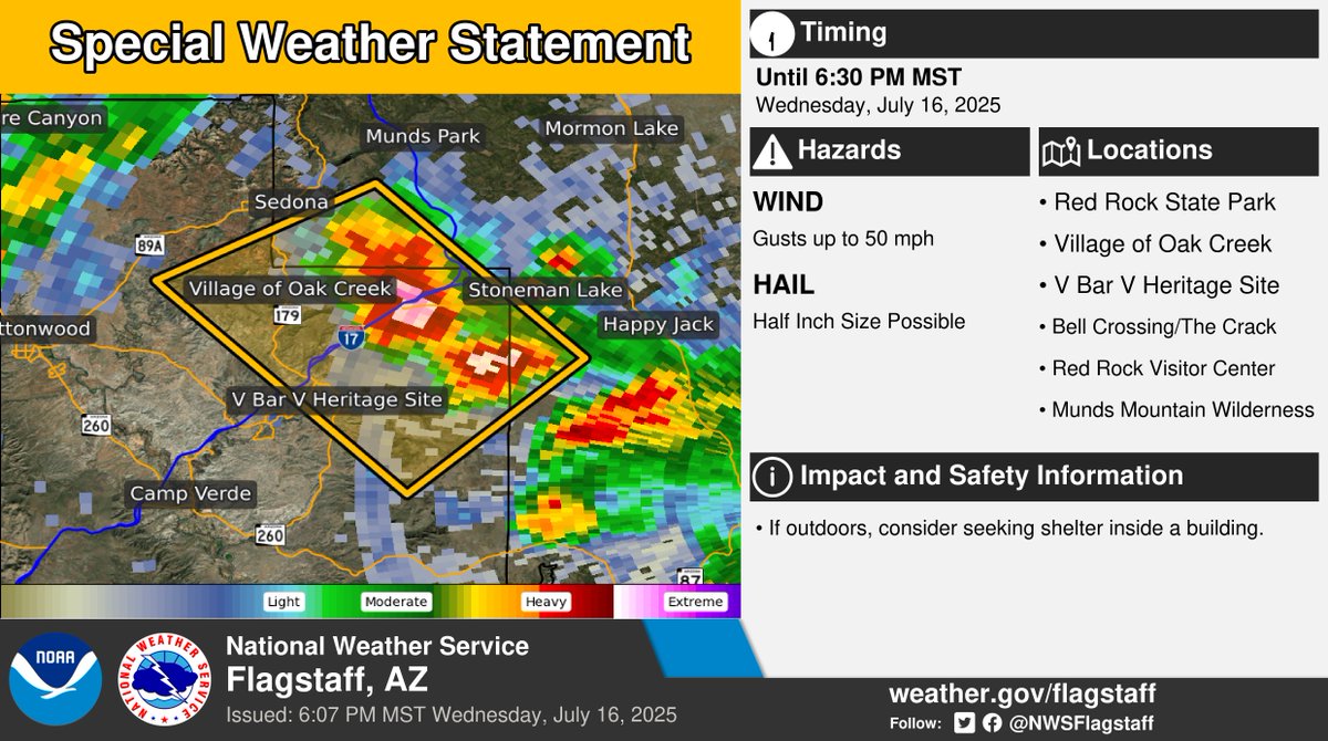 NWSFlagstaff's tweet image. ⚠️ Special Weather Statement ⚠️ in effect until 6:30 PM MST along I-17 north of Rimrock.
This includes Red Rock State Park, Village of Oak Creek, Bell Crossing/The Crack, and Munds Mountain Wilderness. More info: weather.gov/fgz/wwa?wmo=WW…. #azwx