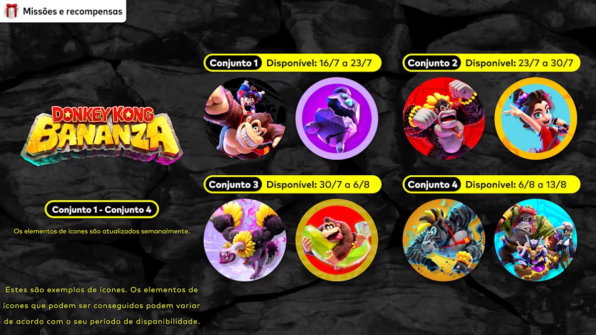 Resgate seus Pontos de Platina do My Nintendo para coletar ícones personalizados de Donkey Kong Bananza, disponíveis até o dia 13/08 no Nintendo Switch e Nintendo Switch 2. Os elementos dos ícones serão renovados semanalmente.
#NintendoSwitchOnline