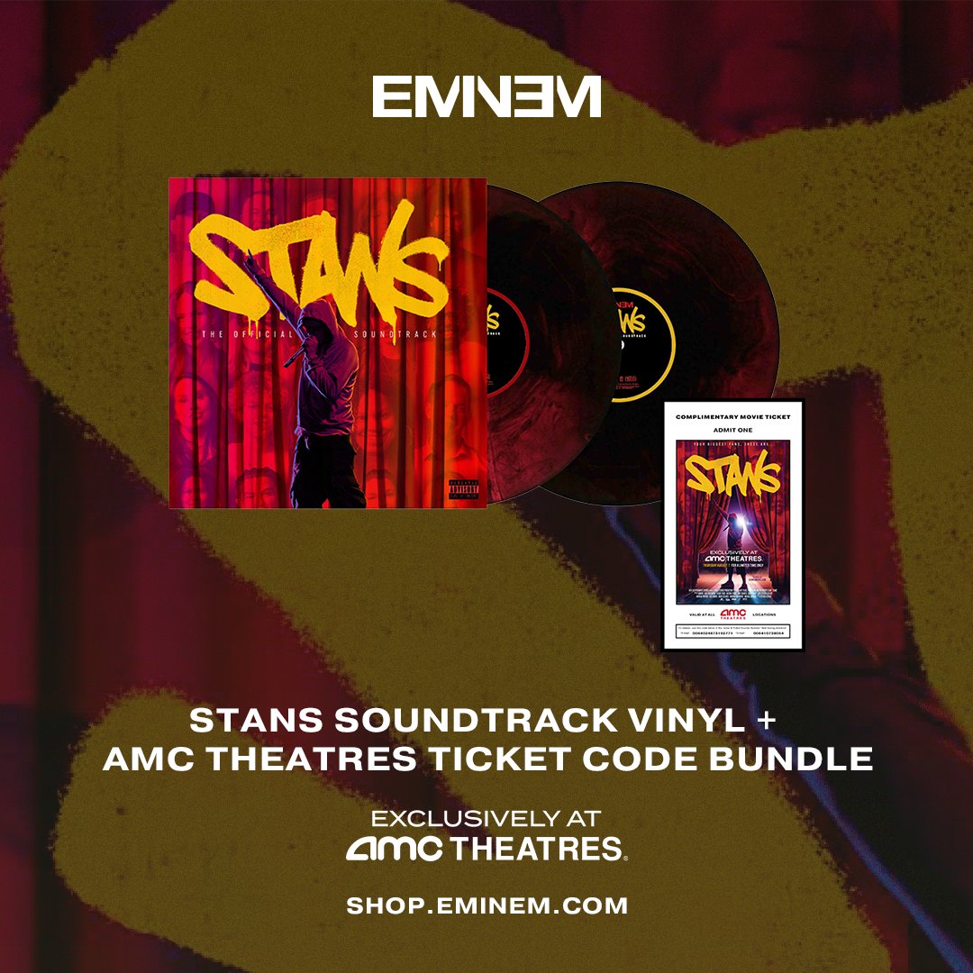 Eminem's tweet image. Now available ❗️The soundtrack to the new #StansMovie on vinyl plus a ticket code to see it when it drops at @AMCTheatres August 7th - shop.eminem.com