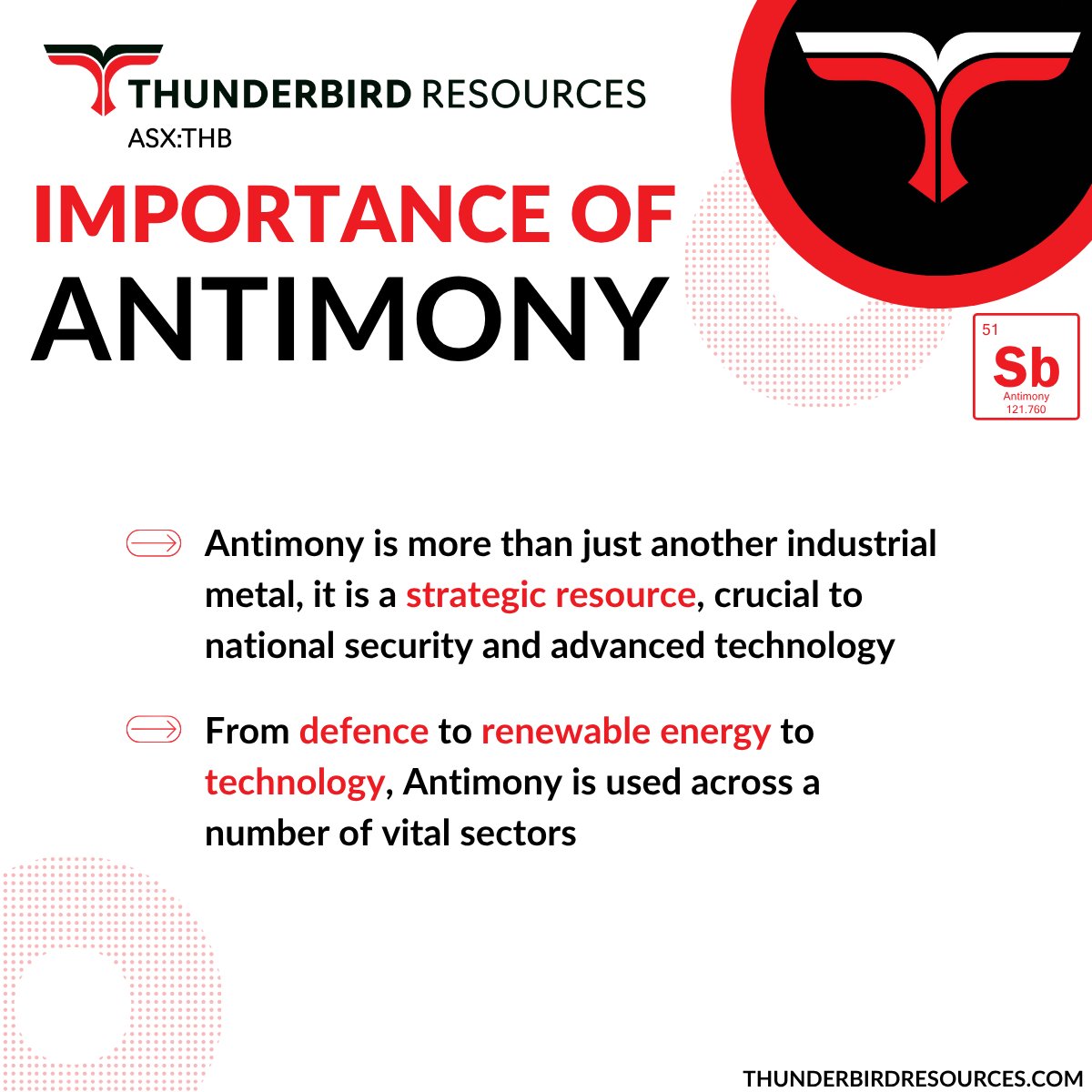 Introducing Thunderbird Thursdays! 
Our new weekly series where we pull back the curtain on everything exploration.  
This series has been designed to inform, engage and educate.  This Weeks' Topic: All About Antimony   
#THB #ThunderbirdResources #Antimony #MiningExploration