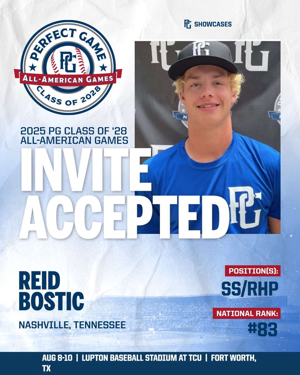 PG Showcases (@pgshowcases) on Twitter photo 🚨INVITE ACCEPTED🚨
Reid Boston (TN) has accepted his invitation and will be heading to the 2025 PG Class of 2028 All-American Games! 🔥
<a href="/PG_Tennessee/">Perfect Game Tennessee</a> <a href="/PerfectGameUSA/">Perfect Game USA</a> 🚨INVITE ACCEPTED🚨
Reid Boston (TN) has accepted his invitation and will be heading to the 2025 PG Class of 2028 All-American Games! 🔥
<a href="/PG_Tennessee/">Perfect Game Tennessee</a> <a href="/PerfectGameUSA/">Perfect Game USA</a>
