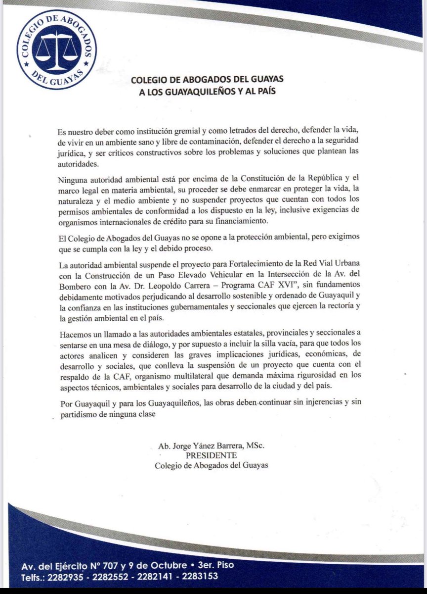 Por fin. Muy bien por el ⁦<a href="/CAG_GYE/">ColegioDeAbogadosGYE</a>⁩, ya era hora de hacer un pronunciamiento sobre la bárbara suspensión del Paso elevado de los Ceibos. 
Los gremios tienen la obligación de pronunciarse sobre temas fundamentales.
La seguridad jurídica es fundamental.
⁦<a href="/PrefGuayas/">Prefectura del Guayas</a>⁩