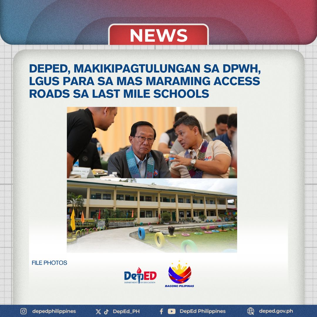 Nais ng DepEd na palakasin ang pakikipagtulungan nito sa DPWH at LGUs para makapagpatayo ng mas maraming access roads papunta sa public schools.

Ito ang adbokasiya ni Pangulong Bongbong Marcos: palawakin ang
access sa mga serbisyo sa tulong ng mga imprastruktura.

Basahin: