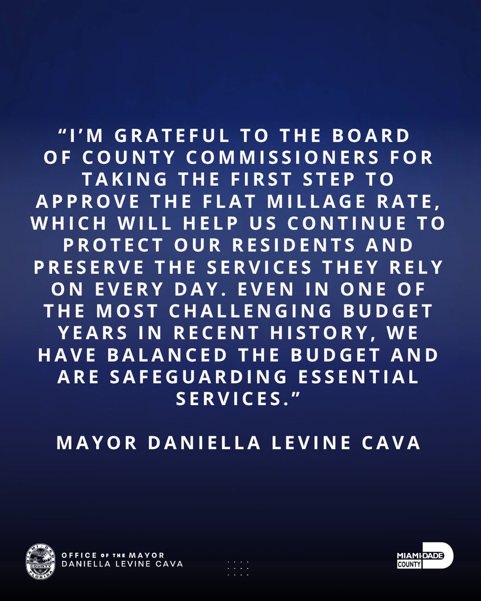 MayorDaniella's tweet image. Today, the Board of County Commissioners took the first step to approve my proposal to keep the tax rate flat, so we can continue protecting taxpayers and preserving services.
🔗 Learn more about our budget at miamidade.gov/budget and participate in our budget process.