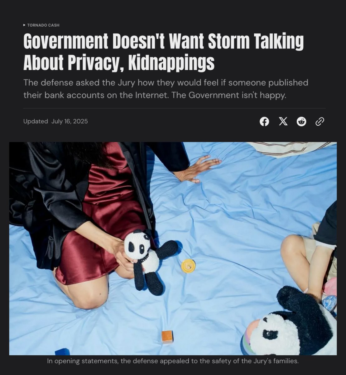In yesterday's opening statements, the defense asked the jury how they would feel if their bank accounts were published on the Internet.

Today, the Government filed a motion to stop Storm from testifying to the use of privacy services. Full story 👇