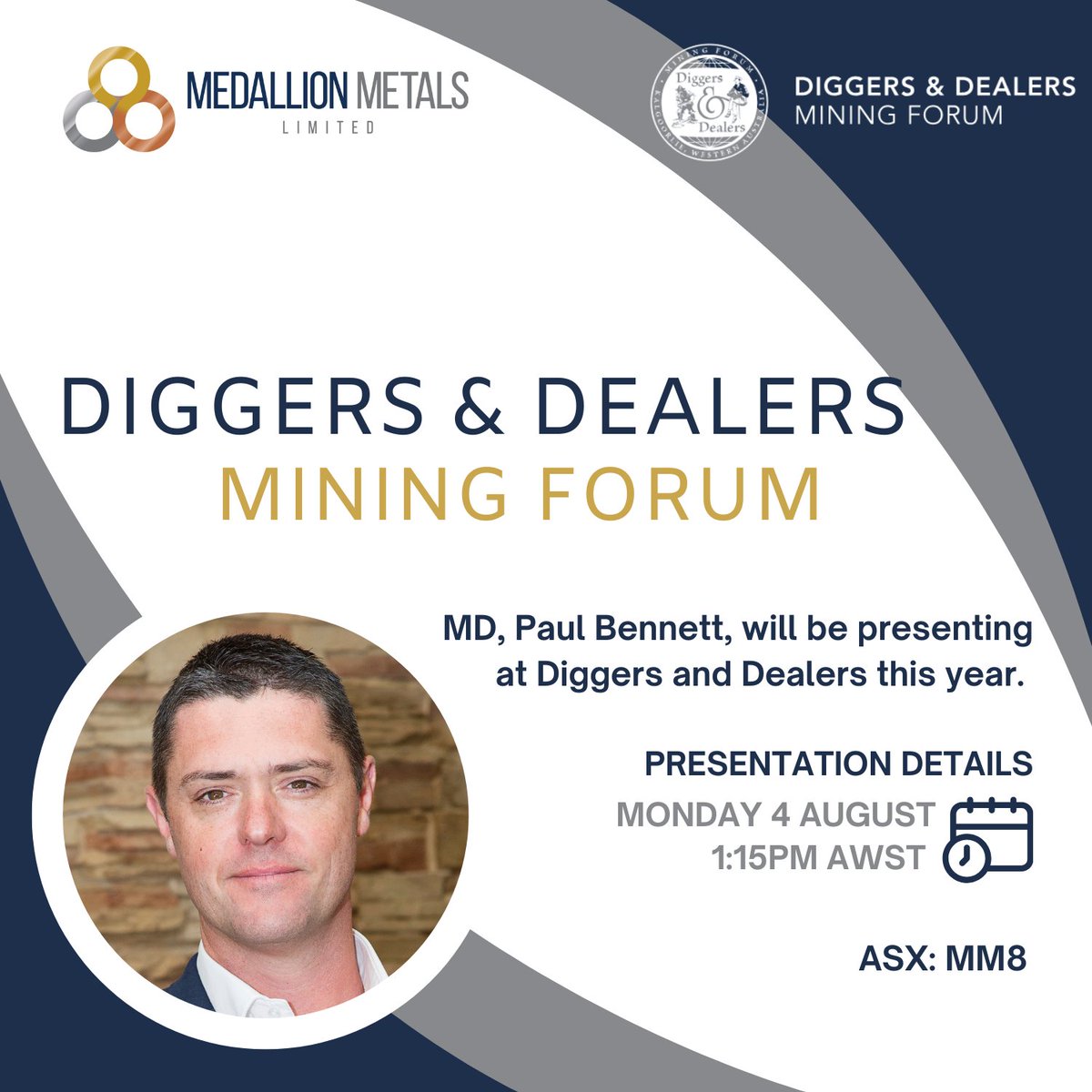Don’t miss #MM8 at Diggers &amp; Dealers in Kalgoorlie!

MD Paul Bennett will update delegates on the progression of the acquisition of Forrestania as MM8 advances toward becoming WA's next gold and copper producer. 

Details:
📅 Mon, 4 Aug | 1:15 PM 
👉  loom.ly/-k5cllQ