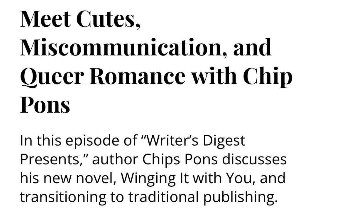 ChipPons's tweet image. Loved getting to yap with @WritersDigest about all of my favorite things!
writersdigest.com/meet-cutes-mis…