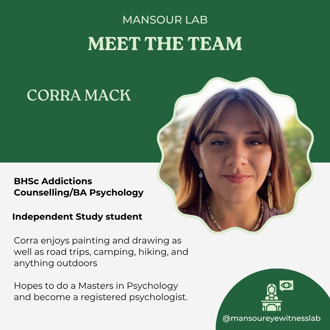 Eyewitness Research (@eyewitness_lab) on Twitter photo Meet independent study student Corra Mack! Corra wants to be a registered psychologist and art (painting, drawing) and the outdoors. Meet independent study student Corra Mack! Corra wants to be a registered psychologist and art (painting, drawing) and the outdoors.