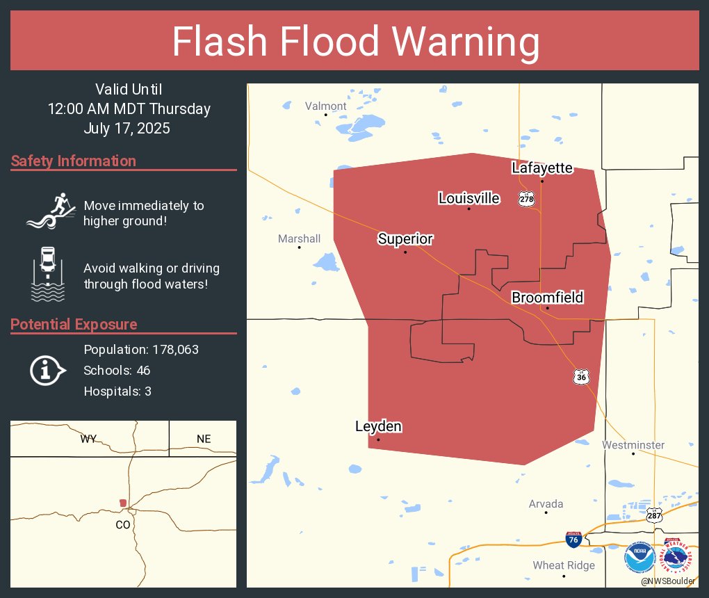 Flash Flood Warning including Broomfield CO, Lafayette CO and  Louisville CO until 12:00 AM MDT